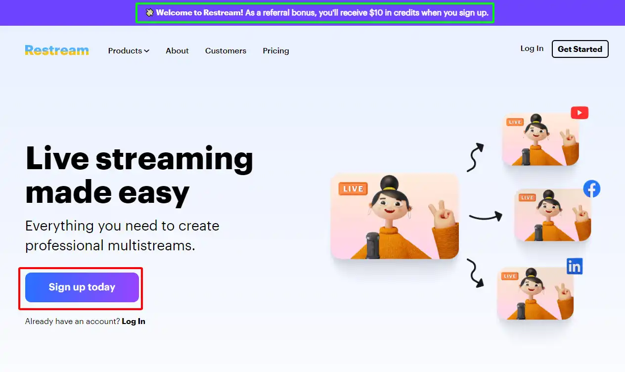 Daftar akun Restream melalui link referral untuk mendapatkan kredit  gratis