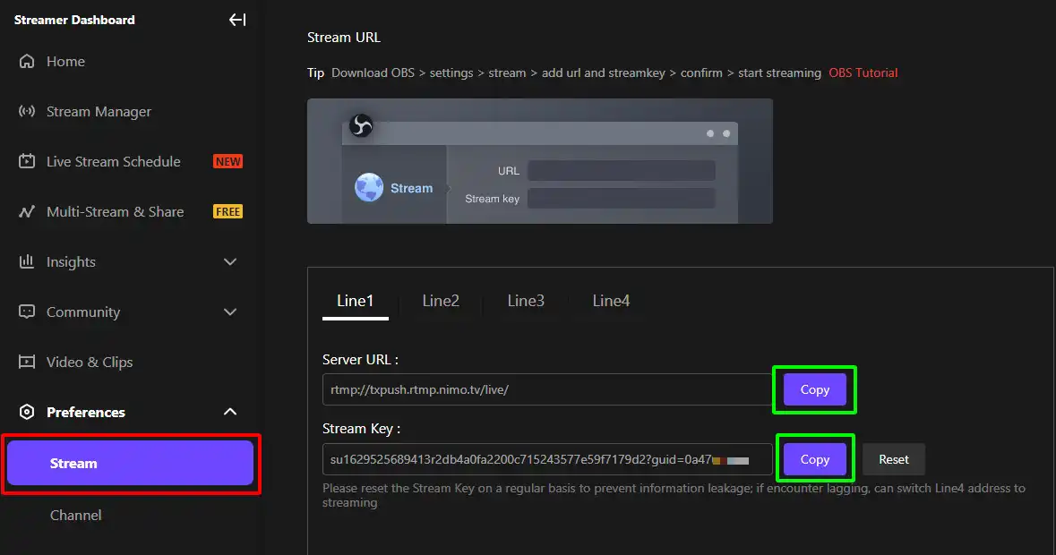 คลิกที่ Preferences and Stream เพื่อค้นหาสตรีมคีย์ Nimo TV ของคุณ