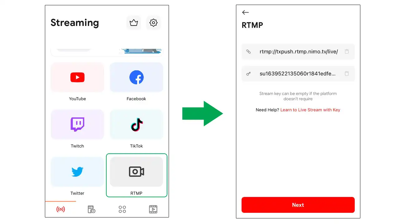 Masukkan URL Server dan Kunci Streaming untuk memulai streaming langsung di Live Now