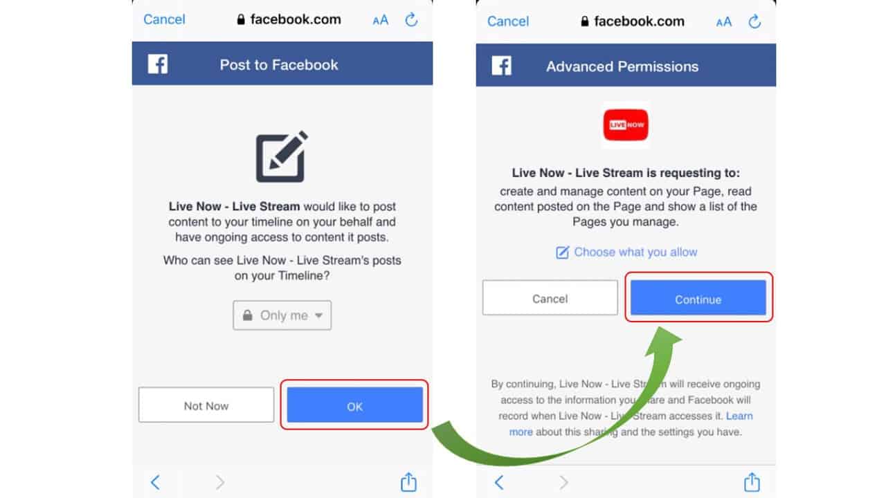 Click OK and Continue to grant Live Now permission to connect with your Facebook page