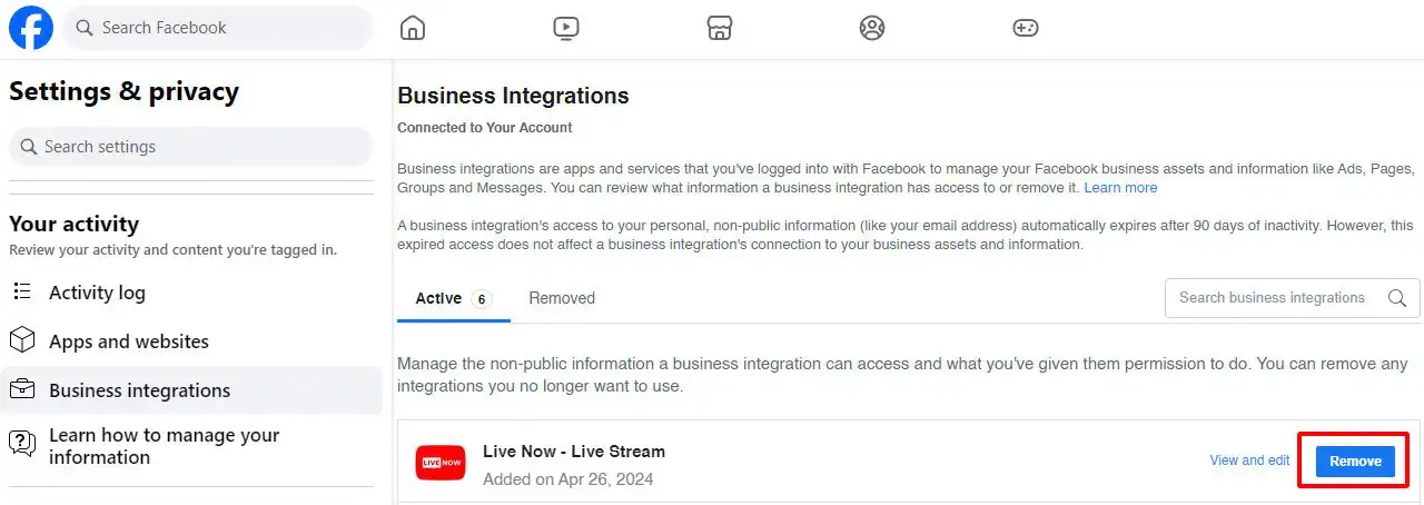 In the Business integrations, remove Live Now