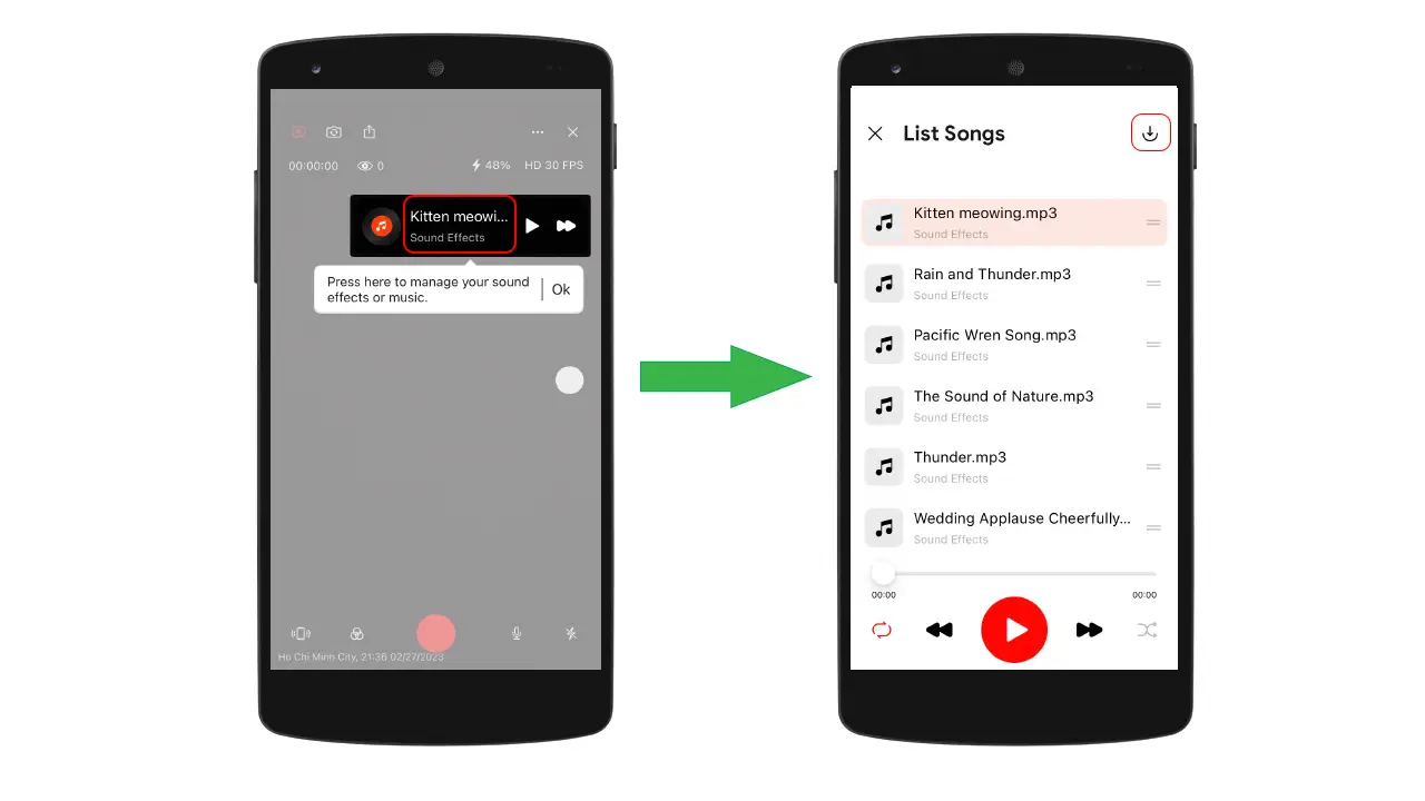 Tekan Efek Suara untuk menambahkan musik ke video streaming Anda