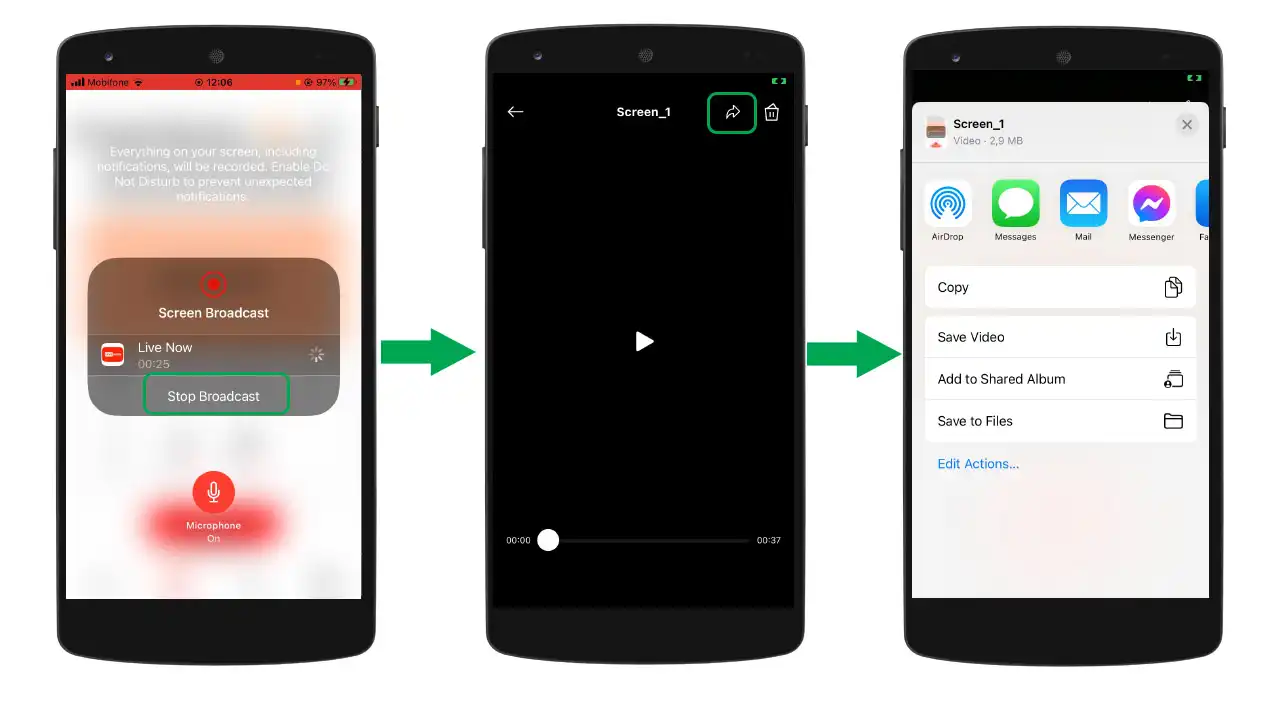 Anda dapat menyimpan video yang direkam ke telepon Anda atau membagikannya ke lokasi lain jika Anda mau