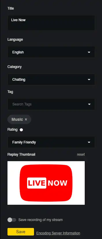 Setelah mengedit Stream Information Anda, klik Save dan lanjutkan klik pada Encoding Server Information