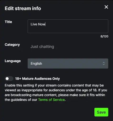 E insira o título do seu stream, categoria e idioma