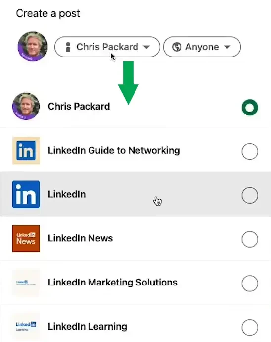 Pilih profil atau Halaman LinkedIn yang ingin Anda gunakan