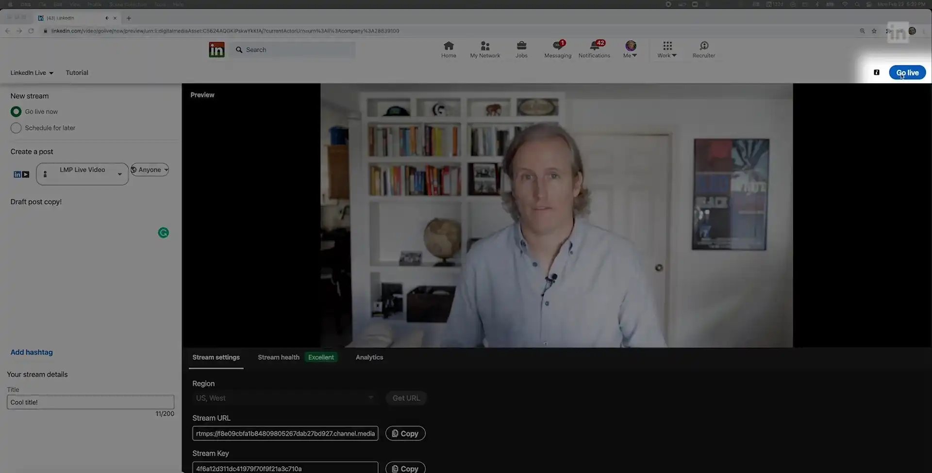 Click "Go live" button when you're ready to live stream on Linkedin