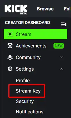 Klik Pengaturan lalu Stream Key di menu sebelah kiri