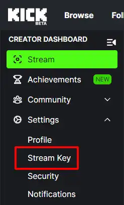 Нажмите «Настройки», затем «Ключ потока» в левом меню.