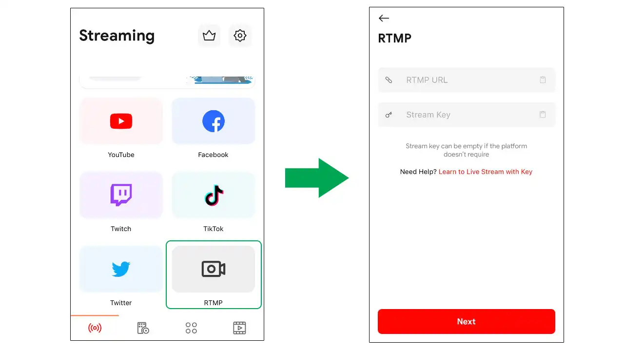 Click RTMP and enter the copied information in step 2 to the corresponding fieldso the appropriate fields