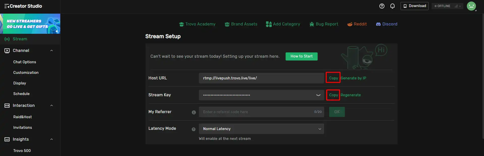 Copy Host URL and Stream Key