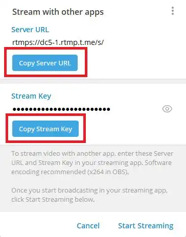 Salin URL Server dan Kunci Streaming