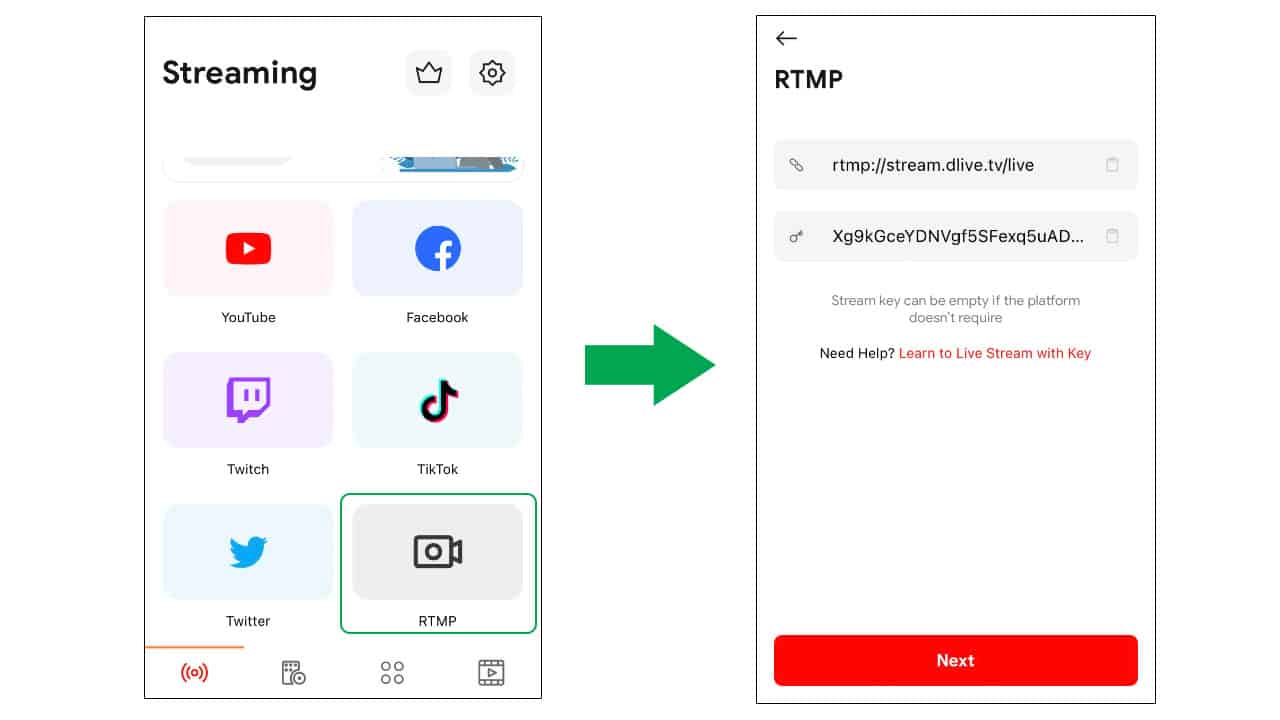 Rekatkan URL Streaming dan Kunci Streaming DLive ke bidang yang sesuai