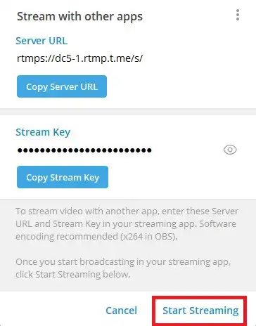 Return to where you copy the Server URL and Stream Key and click "Start Streaming"