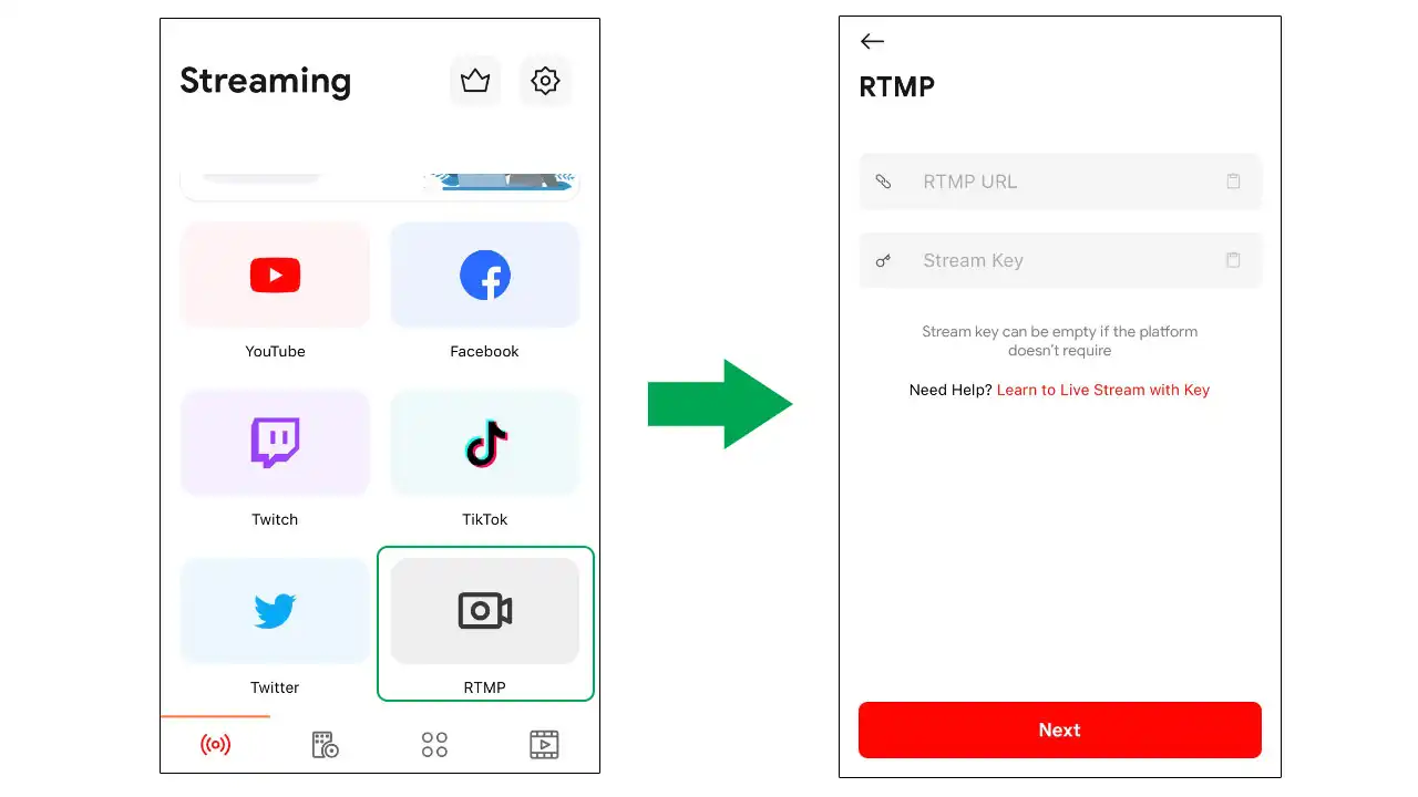 Tap on RTMP and enter your URL and Stream Key into two corresponding fields.