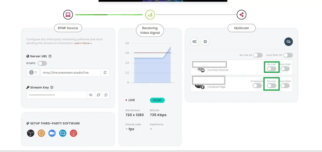 Нажмите «Go Live» в учетных записях социальных сетей, которые вы хотите многопотоковую