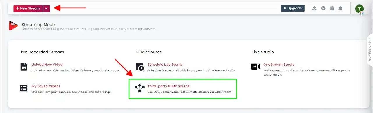 Click "New Stream" and "Third-party RTMP Source"