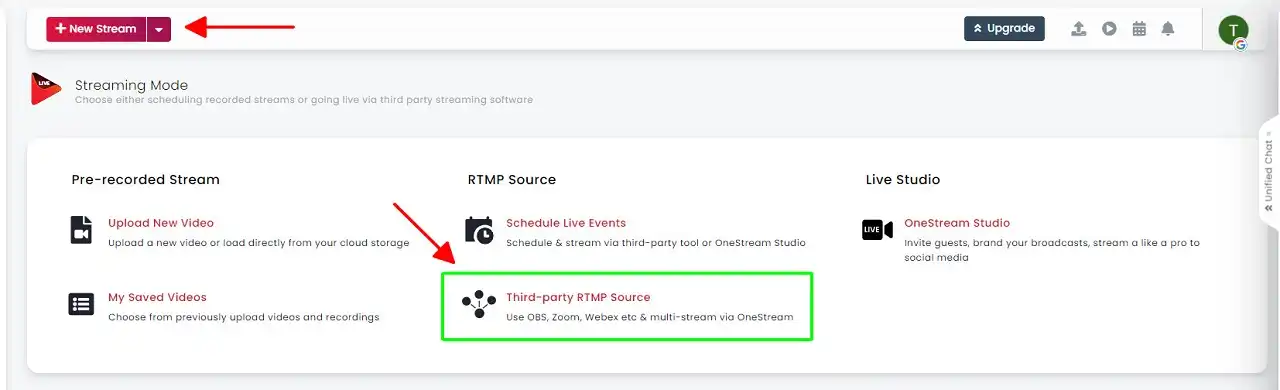 「新しいストリーム」と「サードパーティのRTMPソース」をクリックします。