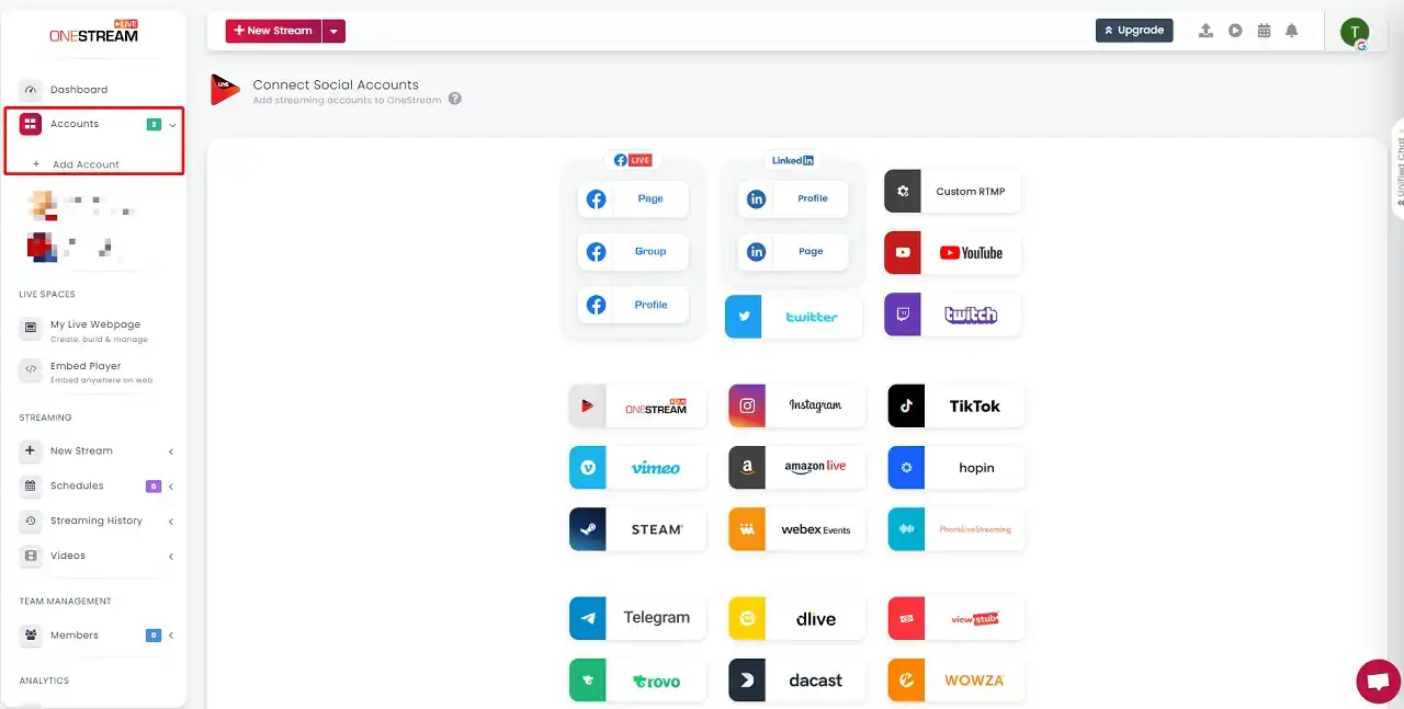 उन प्लेटफ़ॉर्म पर क्लिक करें जिन्हें आप लाइव स्ट्रीम करना चाहते हैं और वनस्ट्रीम को अपने खाते प्रबंधित करने के लिए अधिकृत करें