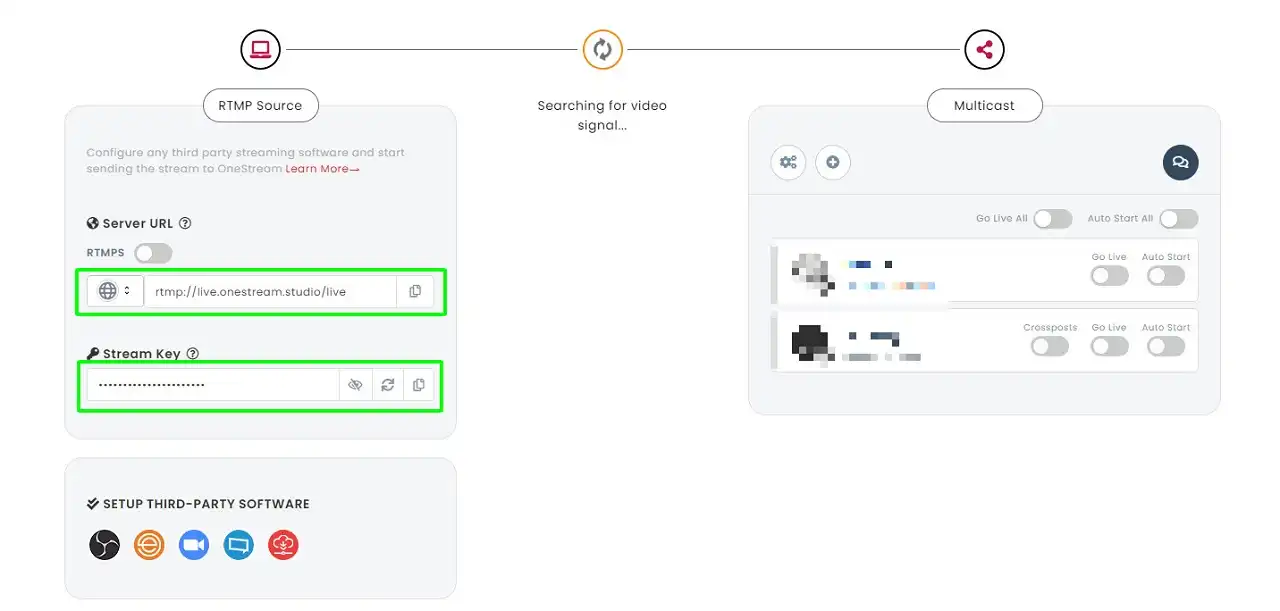 OneStream からストリーム URL とストリーム キーをコピーする