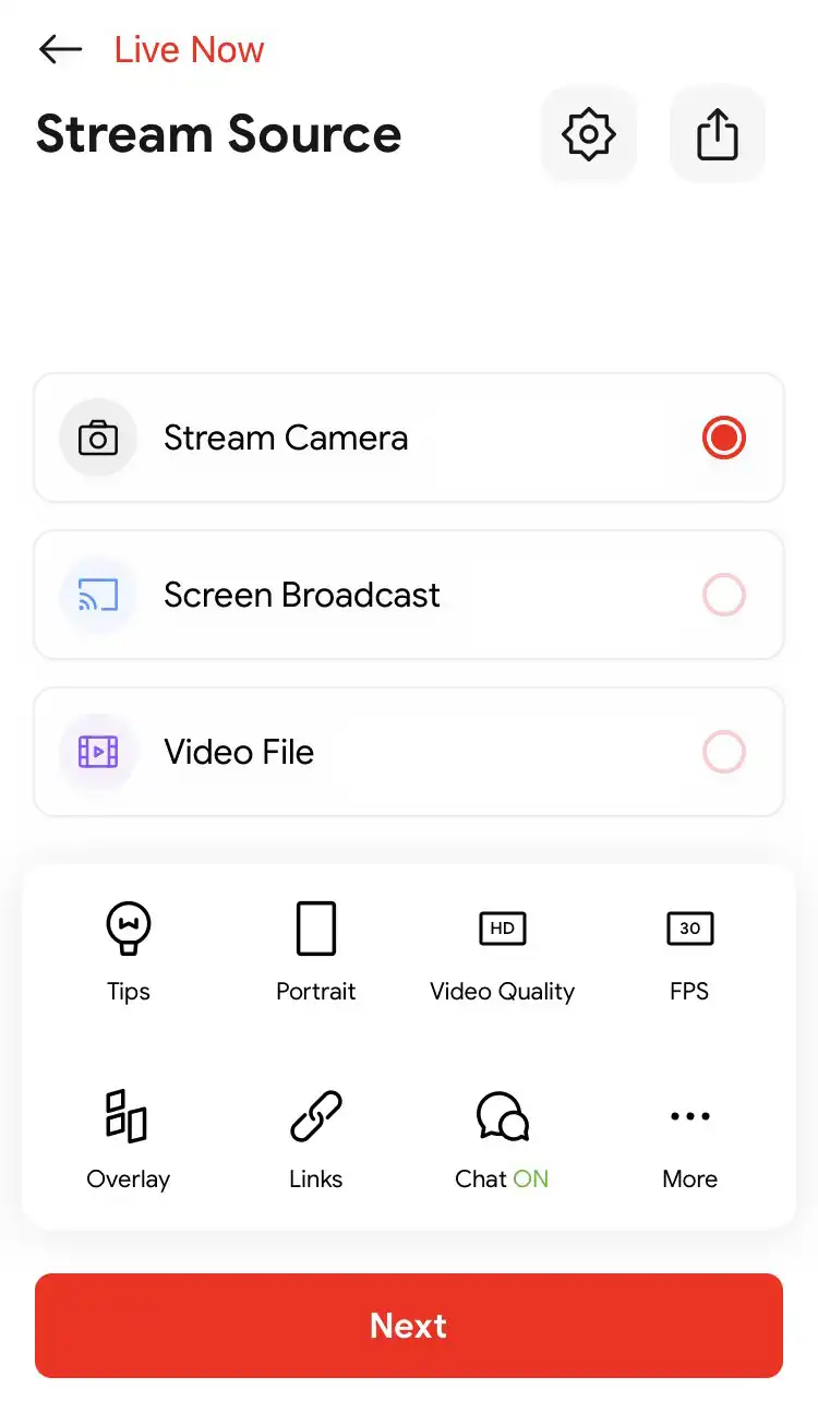 Select "Stream Camera" to use your camera as the source of your live stream