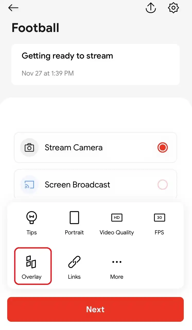 Para criar uma sobreposição personalizada gratuita para sua transmissão ao vivo, selecione Stream Camera > Custom Overlay