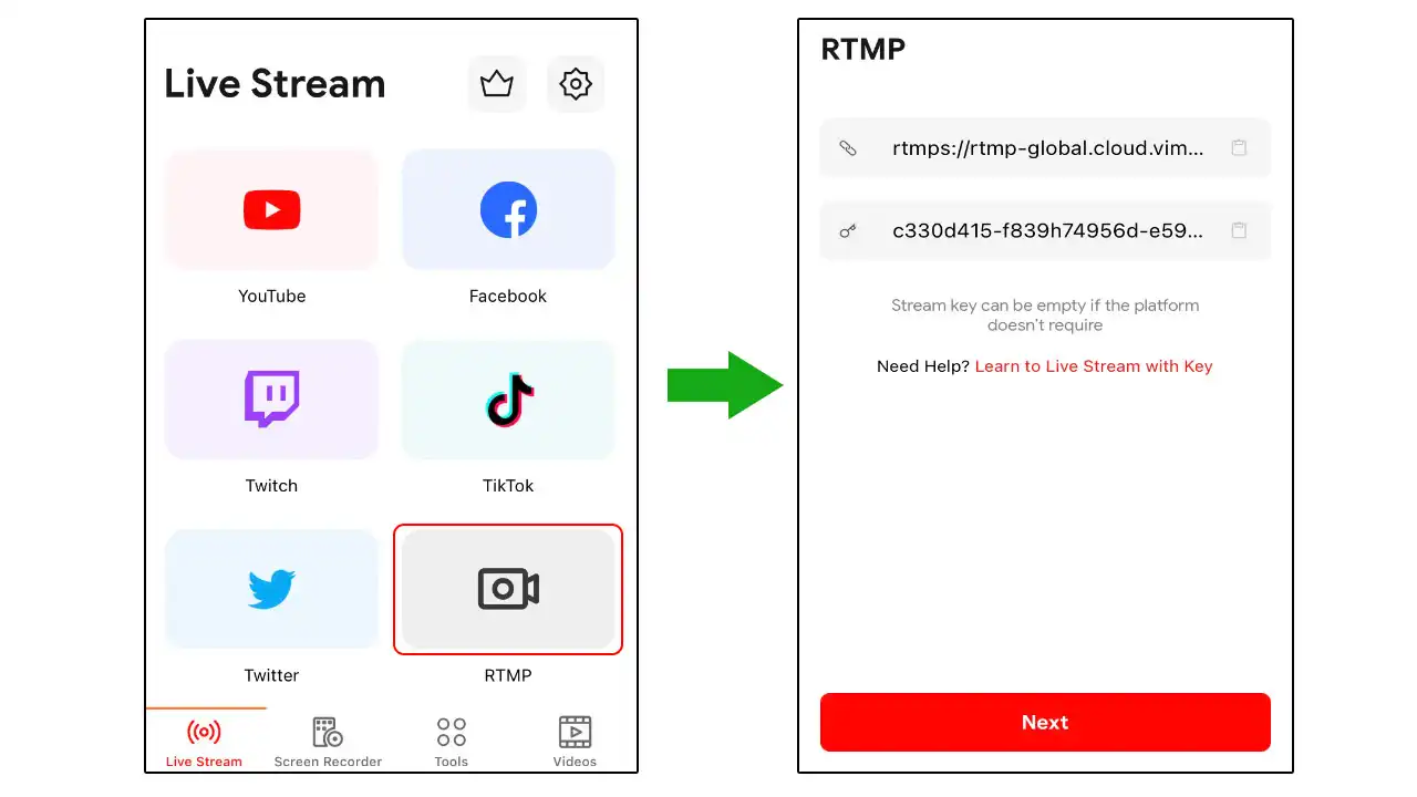 Paste the RTMPS URL and Stream Key into Live Now app and customize your live stream settings
