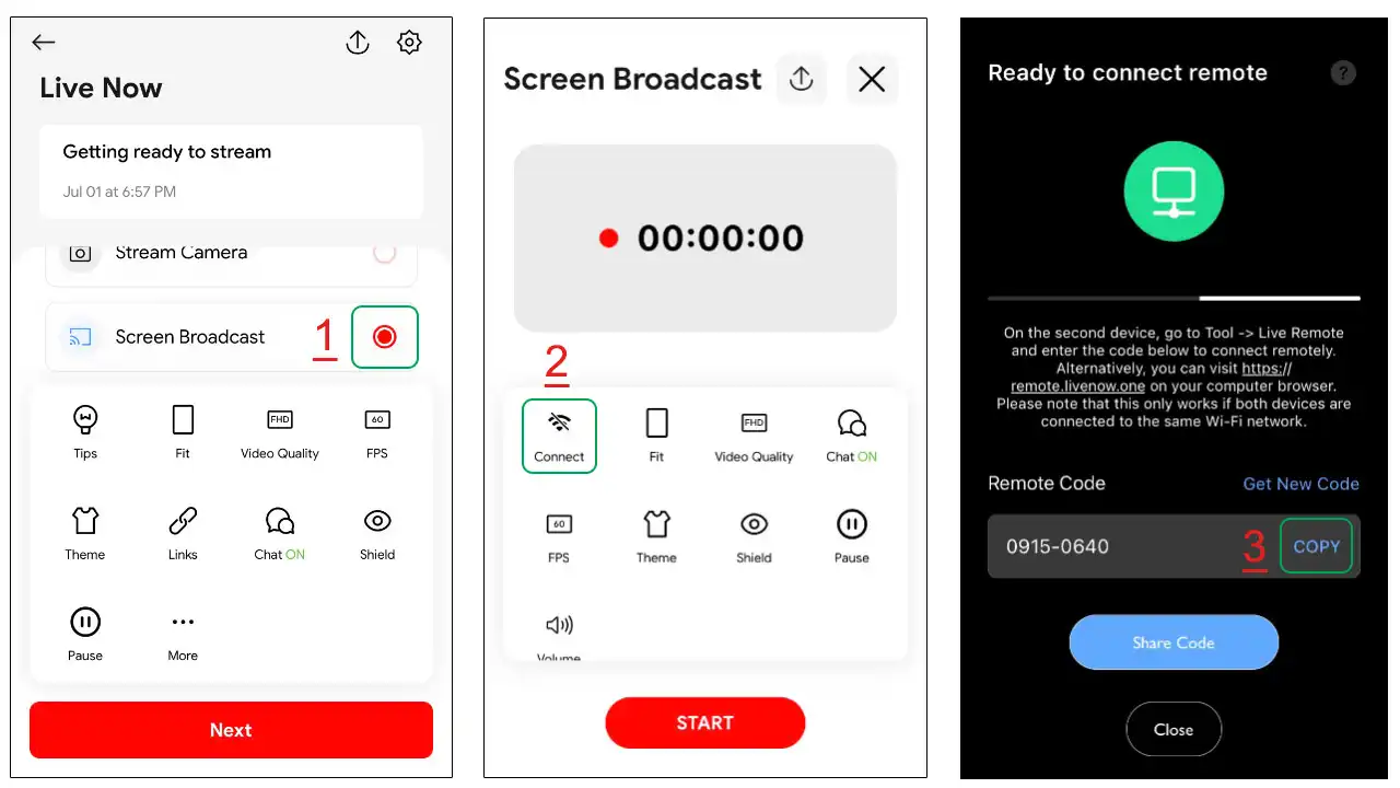 How to copy the Remote code in the Screen Broadcast mode