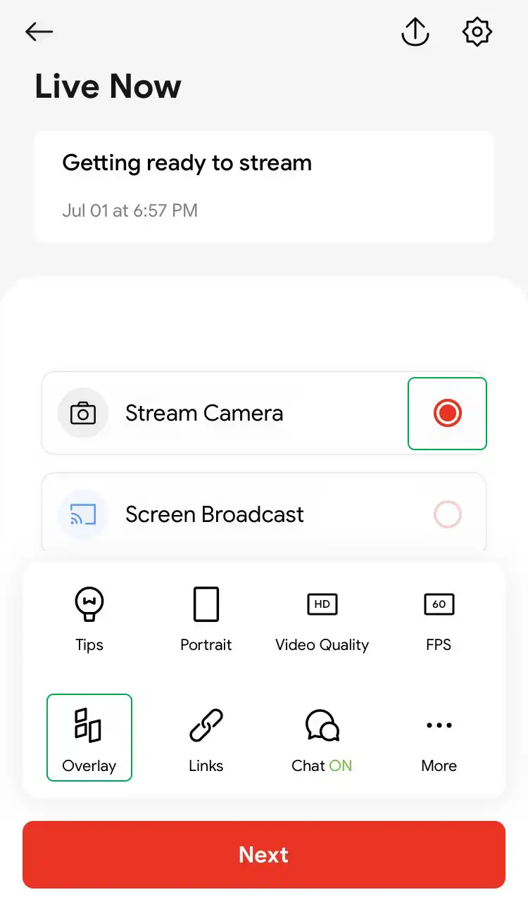 After choosing the Stream Camera mode, tap on Overlay > Custom Overlay 