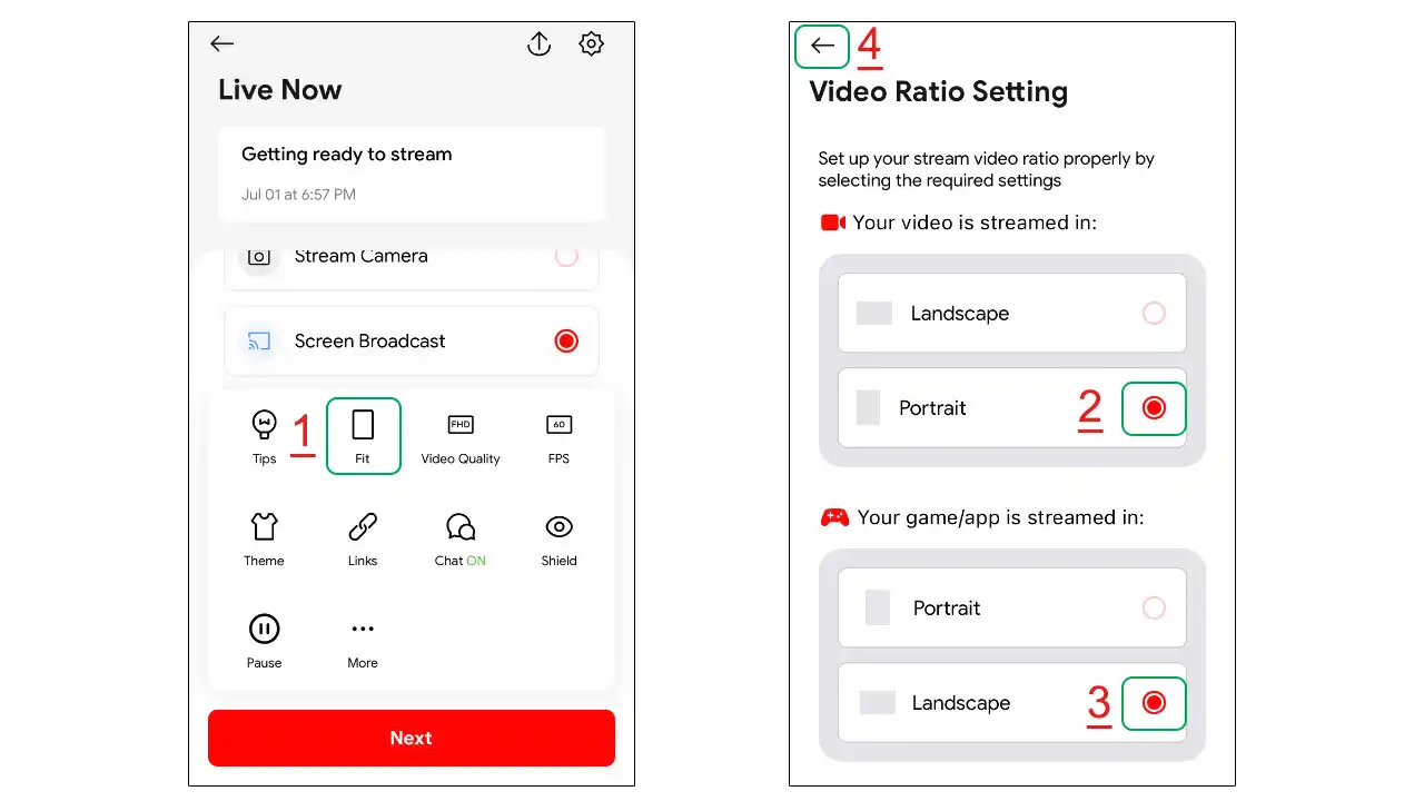 Choose the aspect ratio of your game and the live streaming platform