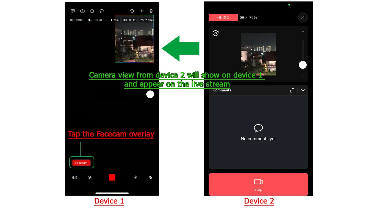 Tap on the Facecam overlay to start your live stream with two cameras
