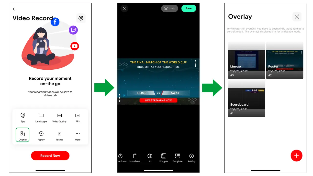 Enter Overlay and create 3 blank Scoreboard, Lineup, and Poster
