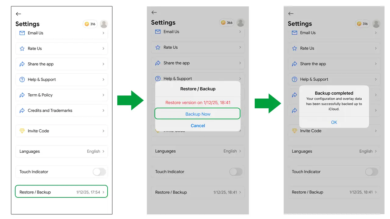 Нажмите Backup Now, чтобы сохранить оверлеи в iCloud перед удалением приложения