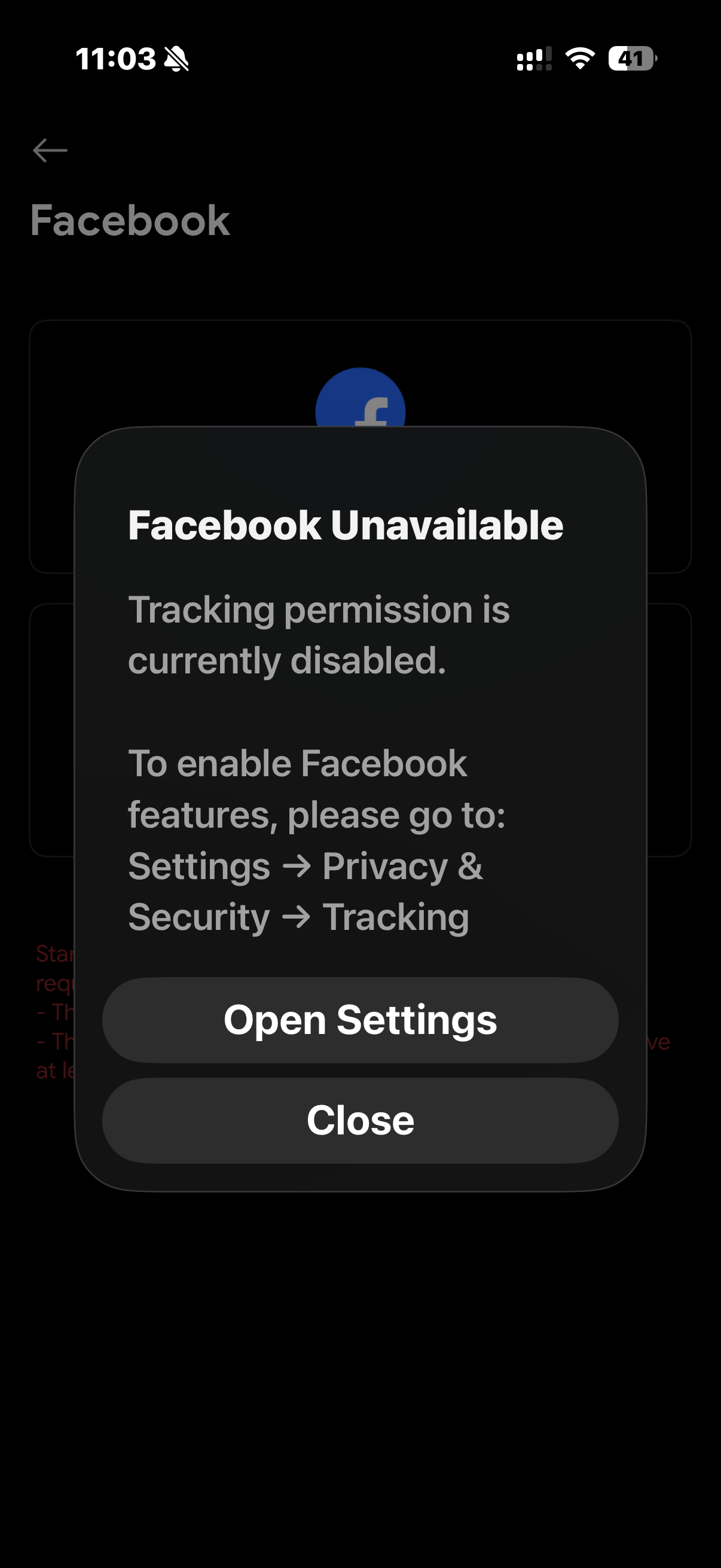 Facebook unavailable: Tracking permission is currently disabled