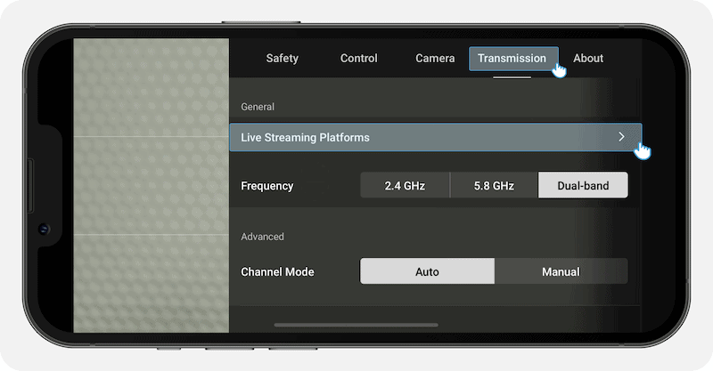 ट्रांसमिशन पर टैप करें -> लाइव स्ट्रीमिंग प्लेटफॉर्म